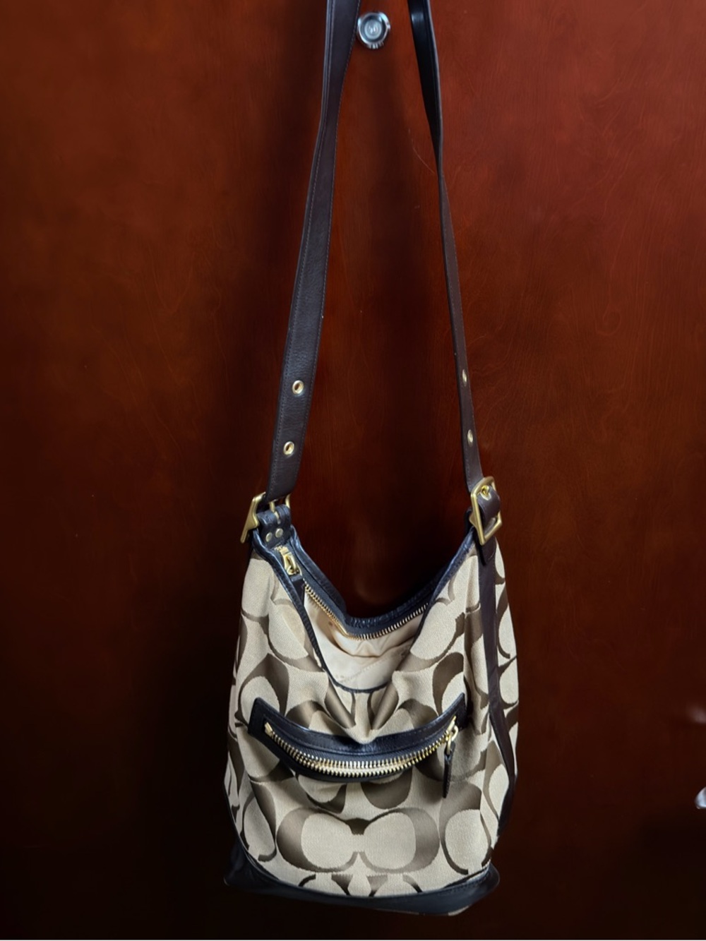 Coach Beige/Brown Signature Canvas Shoulder Bag with Dark Leather Trim y2k vibes